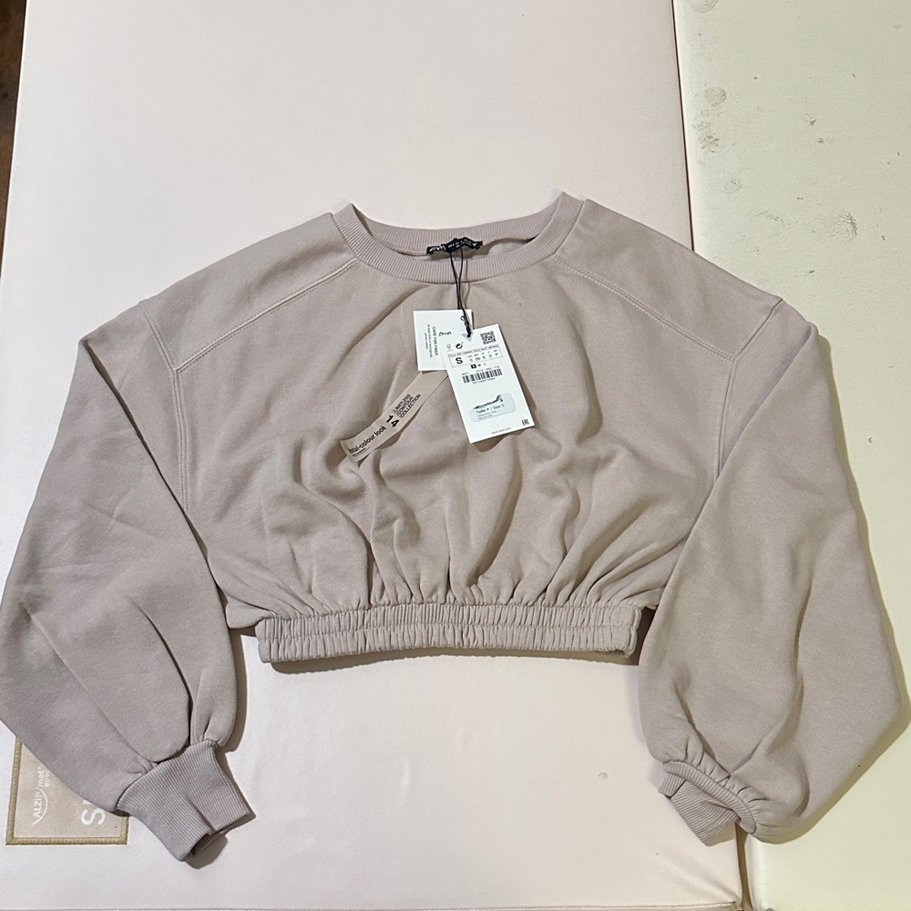 Zara Cropped Long-Sleeve Sweatshirt in Light Taupe